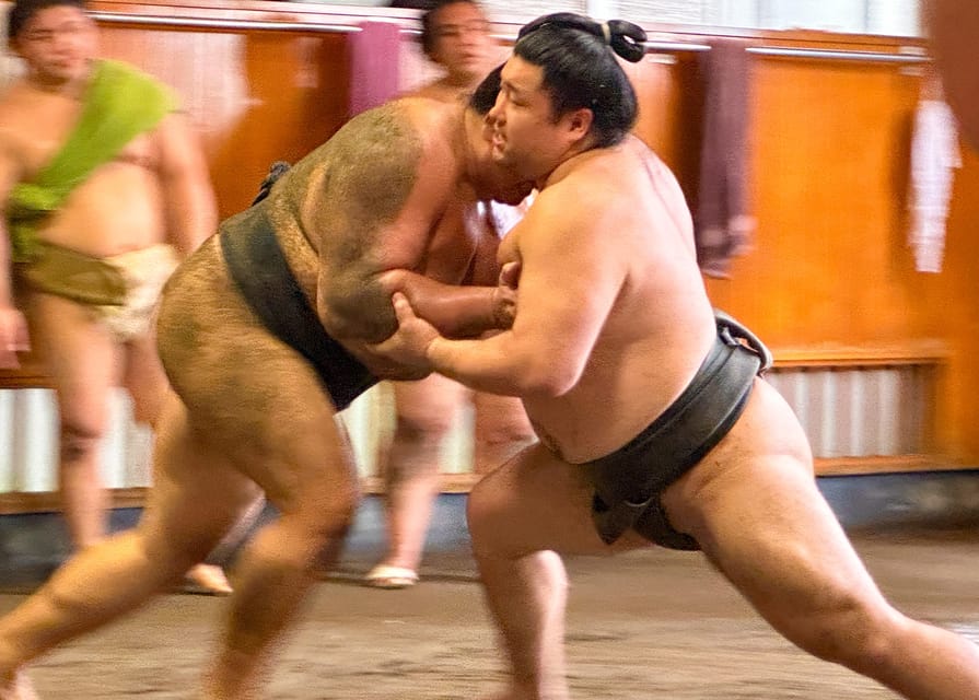 Tokyo: Sumo Morning Practice with journalists. Not fake show - Takasago-beya Sumo Stable: the 2-hour rhythm of morning training